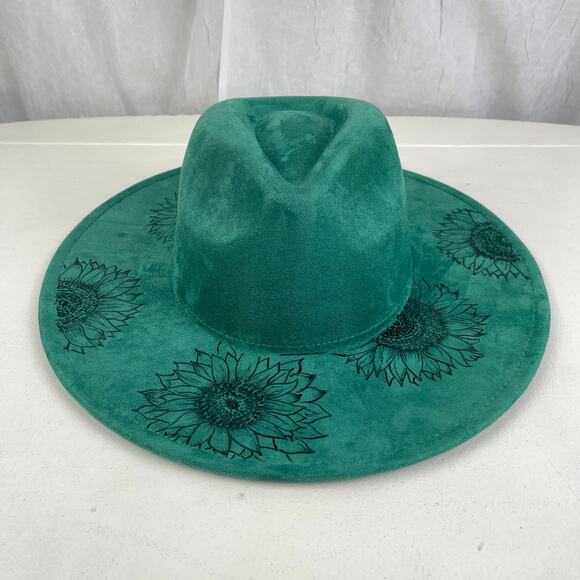 Emerald Green Faux Suede Hand Burned Wide Flat Brim Hat Sunflowers ADJUSTABLE SZ - Picture 10 of 16